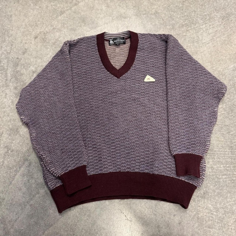 Vintage Monte Carlo Wool V-Neck Sweater Men's Small Burgundy Made in England